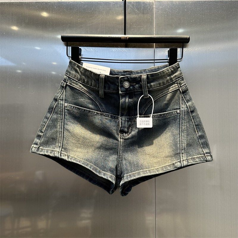 怀旧蓝水洗弹力牛仔短裤女2024早秋新款复古高腰显瘦a字热裤潮