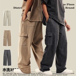长裤 口袋休闲纯色百搭男装 子 松紧腰宽松挺阔长裤 358G做旧洗水工装