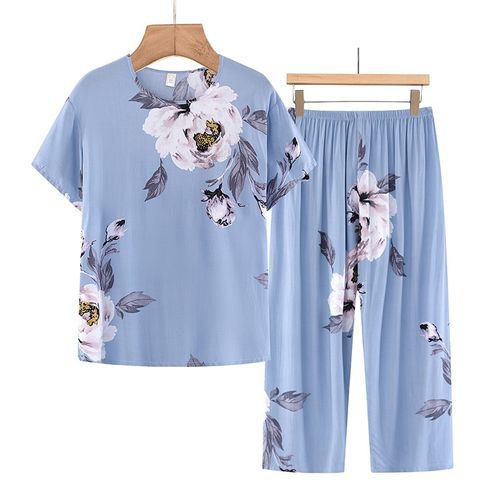 中老年人妈妈夏装短袖套装绵绸女奶奶大码夏季T恤老太太套装上衣