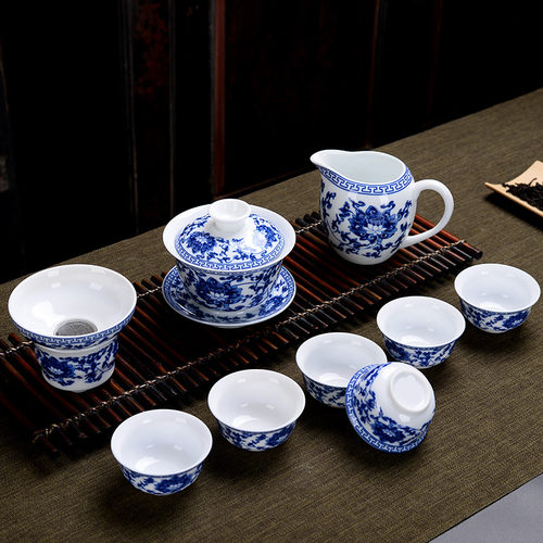 青花瓷茶具套装家用整套陶瓷功夫茶具F白瓷泡茶器盖碗茶杯办公礼