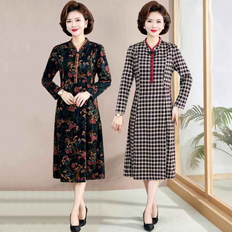 复古气质中老年女士春秋改良版旗袍裙妈妈装显瘦大码长袖连衣裙子