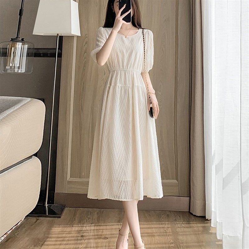 小个子米白色仙女法式雪纺连衣裙女夏季2025新款气质收腰a字裙子