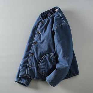宽松加厚保暖无领牛仔棉服外套潮 情侣款 春秋新款 日系复古水洗男士