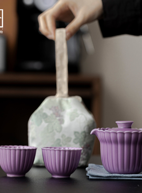 紫色汝釉菊瓣茶杯公道杯家用陶瓷喝茶主人杯茶事包功Z夫茶具套装