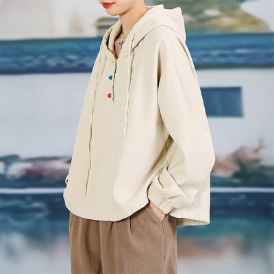 亚麻加绒加厚卫衣绒衫女款春秋2025新款宽松连帽棉麻禅意复古上衣