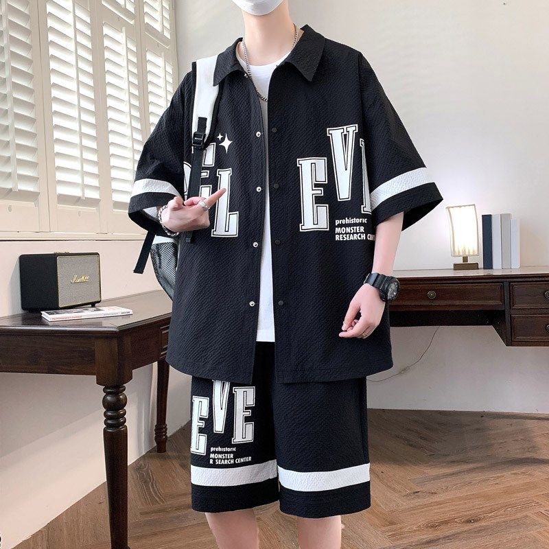 青少年夏季新款休闲运动套装男孩12-15岁帅气学生13短袖衬衫一套