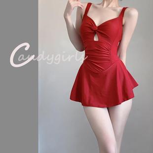 Candygirls连身泳衣女平角保守少女小胸聚拢高腰遮肚收腰温泉泳装