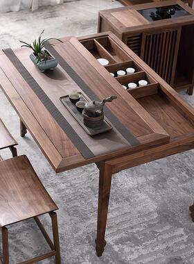 北美黑胡桃木阳台茶桌新中式实木茶台家用小户型设计师可推拉茶桌