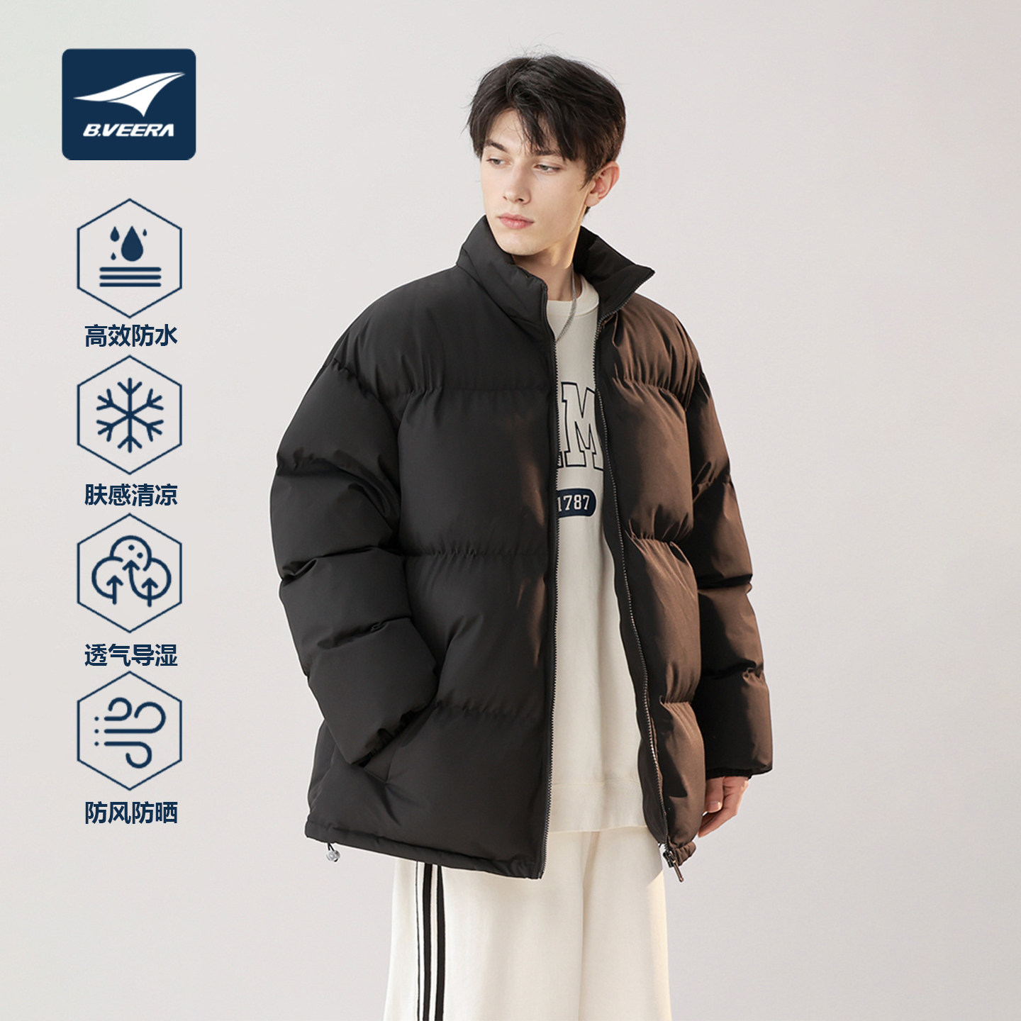 B.VEERA/倍福来 新款冬季防风防泼水保暖情侣简约百搭立领棉服