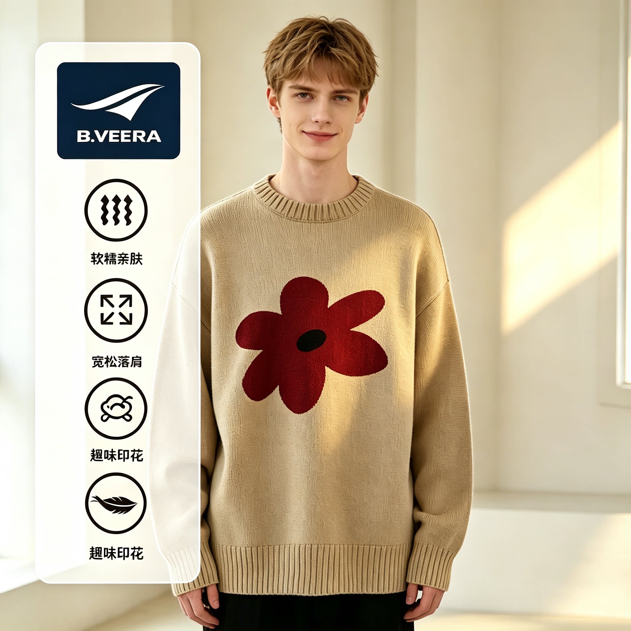 B.VEERA/倍福来B.VEERA男女同款圆领针织衫男宽松花朵印花毛衣男