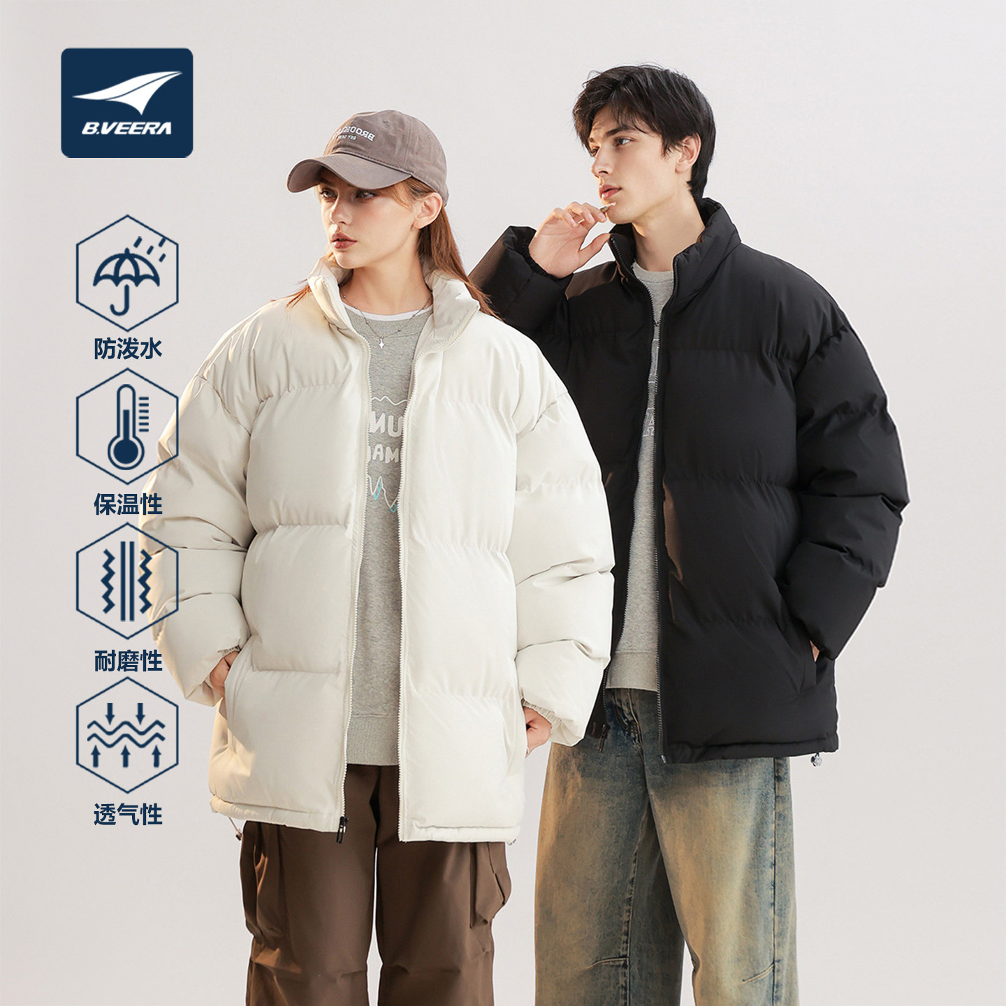B.VEERA/倍福来 新款户外冬季防风防泼水保暖百搭立领情侣棉服