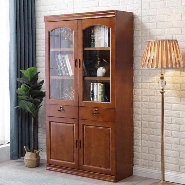 中式实木书柜1米加顶书橱储物柜两门带抽屉家用办公书柜包安装