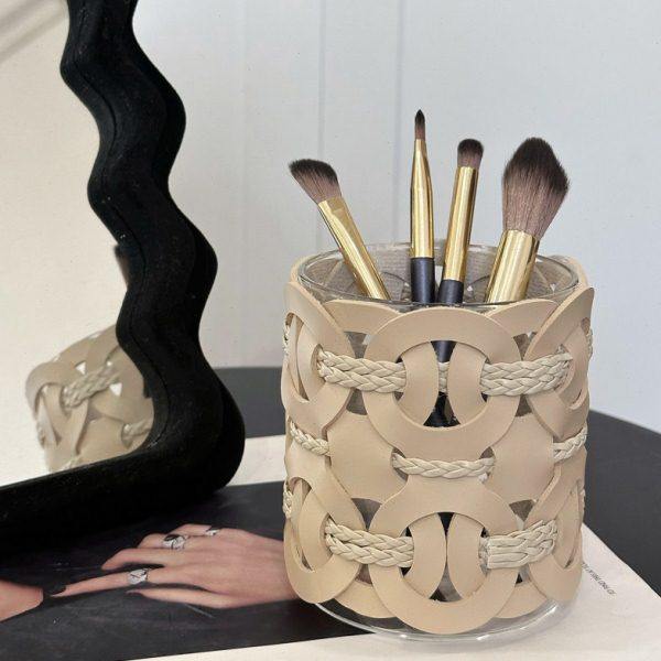 编织梳妆台化妆刷收纳筒刷子收纳盒中古高级感桶玻璃桌面笔筒摆件,收纳整理,化妆刷收纳盒/桶,淘宝优惠券,粉丝福利购,淘宝优惠卷