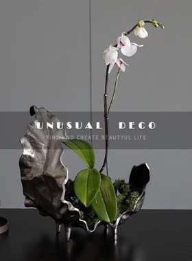 现代欧式轻奢复古铝质艺术树叶摆件创意玄关样板间W桌面软装饰品