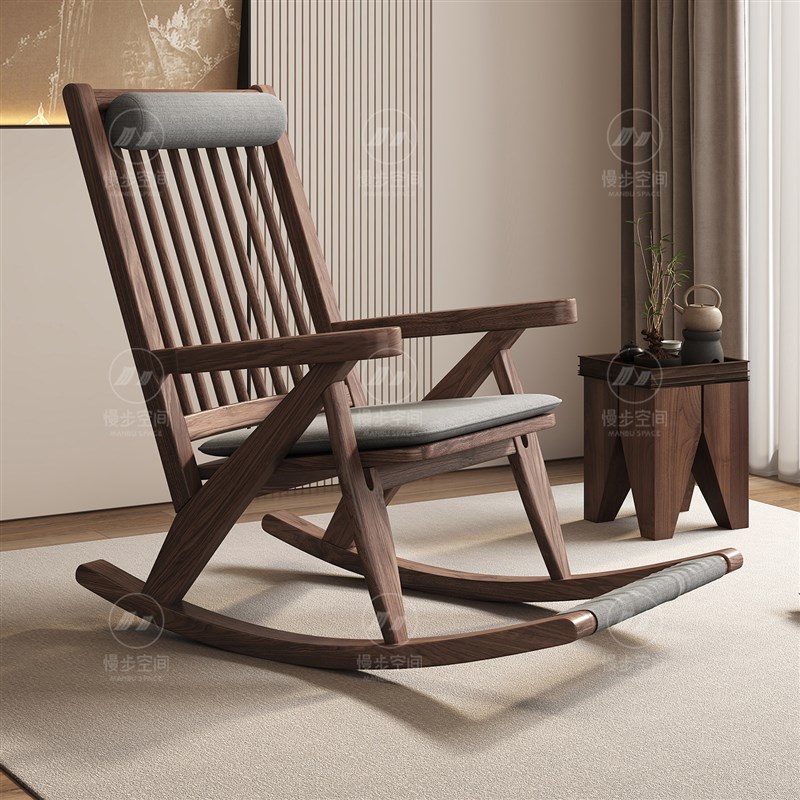 黑胡桃木实d木摇摇椅客厅躺椅小户型单人沙发椅阳台家用懒人休闲