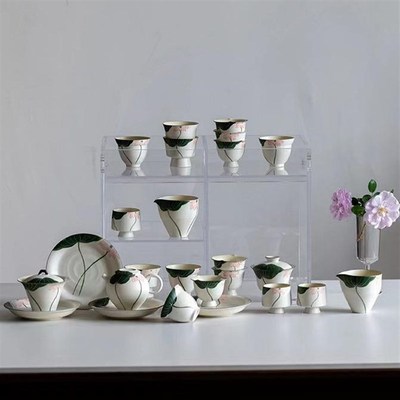 功夫茶荷花粗功夫杯茶杯烫u手引公道盖碗粉手工泡茶不茶壶茶具陶