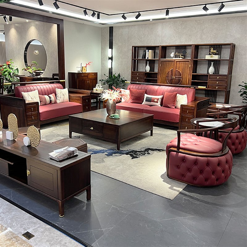 新中式沙发实木现代轻奢中式大户型别墅酒M店定制真皮乌金木家具