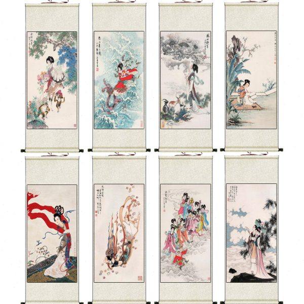 古典仕女图中国古代传说仙女挂画条幅卷轴画国画丝绸画芭蕉仕女画