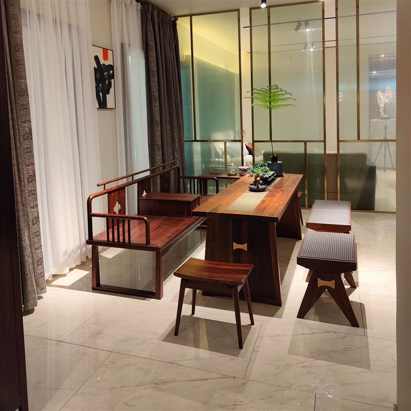 北美黑胡桃e木实木茶桌椅组合简约茶台客厅家用茶几办公室禅意泡