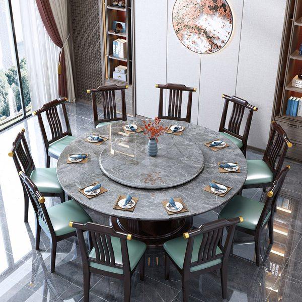 新中式岩板餐桌饭店圆餐桌椅组合8人全实木圆桌家用大理石1.8米桌
