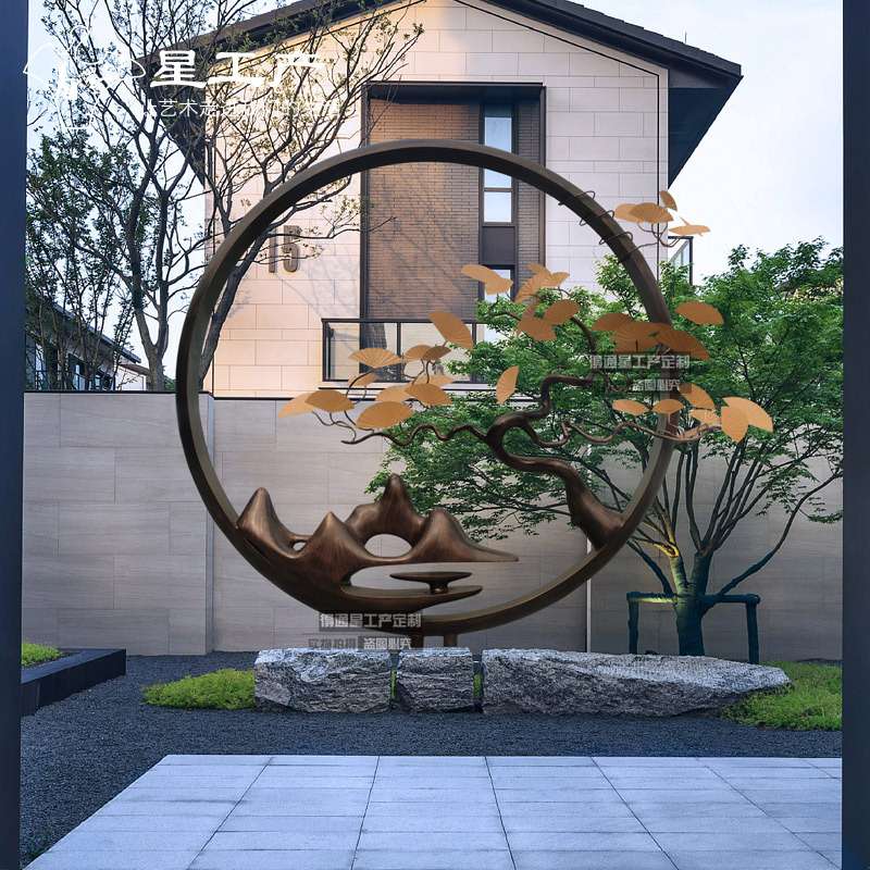 不锈钢园林景观圆环金属摆件售楼处公园商场小品圆圈松树山形雕塑