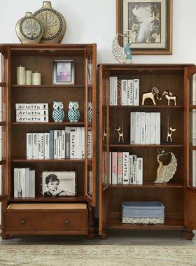 美式KJP全木书柜酒柜实客厅简柜约置物架儿童书橱储物尘玻璃门防