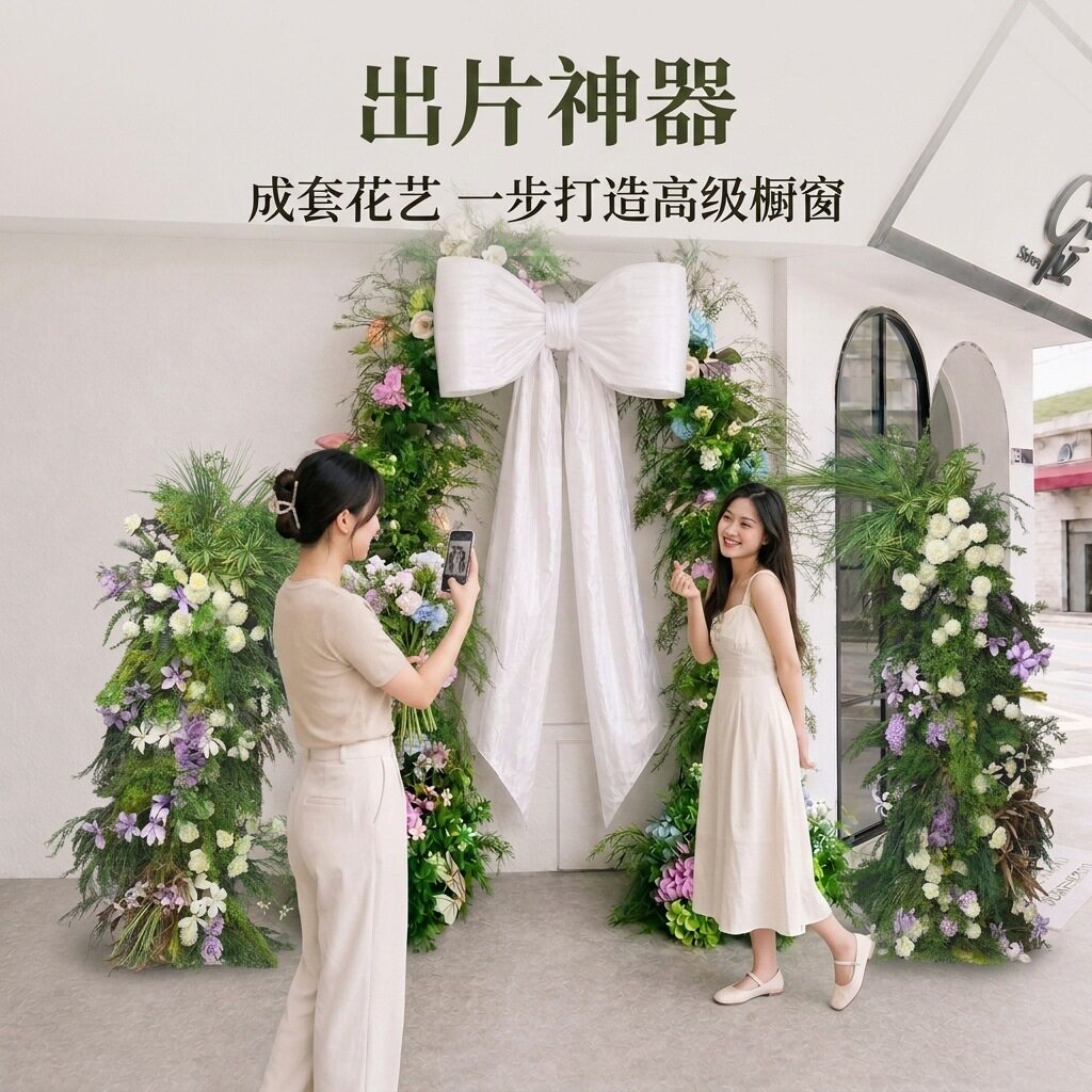 森系蝴蝶结拱门仿真花商场美陈订婚场景道具布置婚礼绿色路引花材