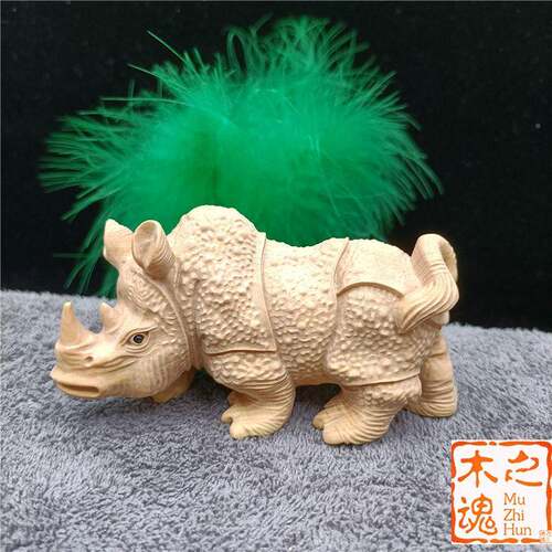 黄杨木刻玩崖柏犀牛摆手把件工艺件卡通饰品CAS雕动物茶宠汽车上