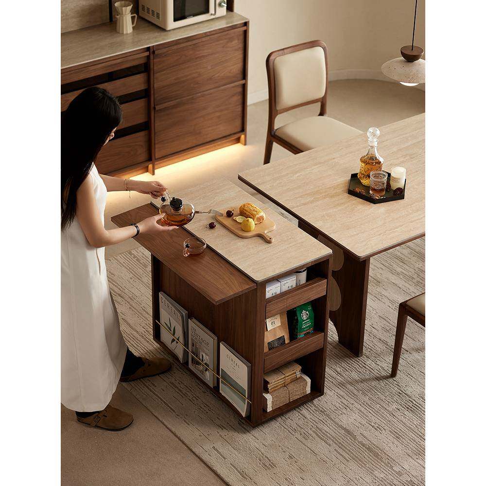 ?北美桃木可移动洞窄石胡岩板岛台柜单独餐桌边柜UIK黑一体储物茶
