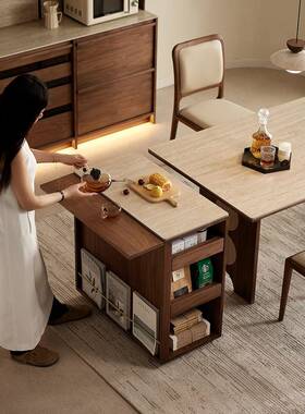 ?北美桃木可移动洞窄石胡岩板岛台柜单独餐桌边柜UIK黑一体储物茶