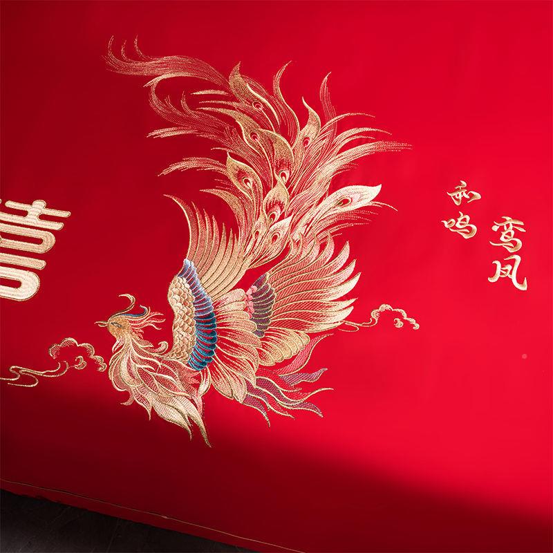 婚庆结刺婚大红色纯方pxx1002棉女床单单件酒店被单套三件套枕绣