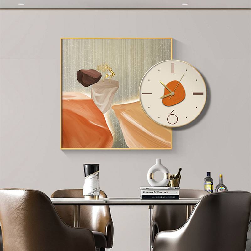 现代轻奢餐厅装饰画创意时钟组合饭厅挂画带钟表高档麋鹿客厅壁画图片
