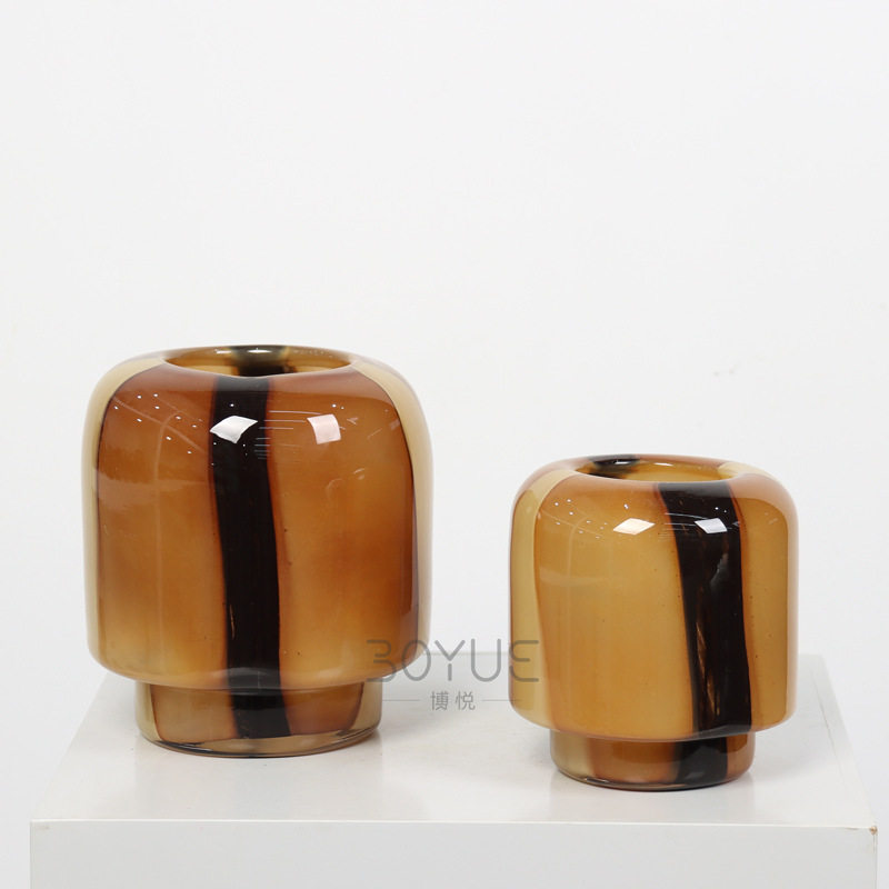 中古棕色琉璃直筒花瓶宅寂风手工黑色条纹干花样板房软装轻奢摆件
