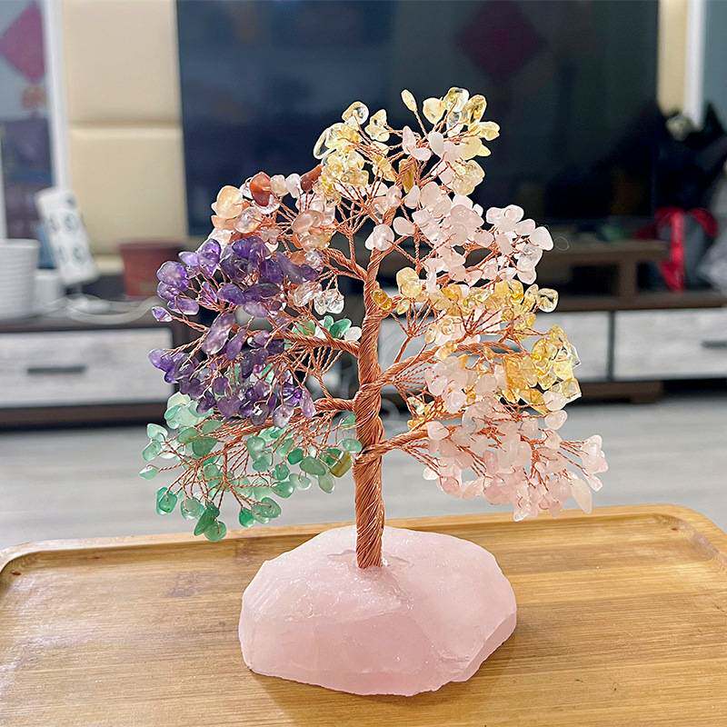 I9EK天然粉水晶招桃花摆件晶石桃花树原石简约工艺品可爱粉色水晶
