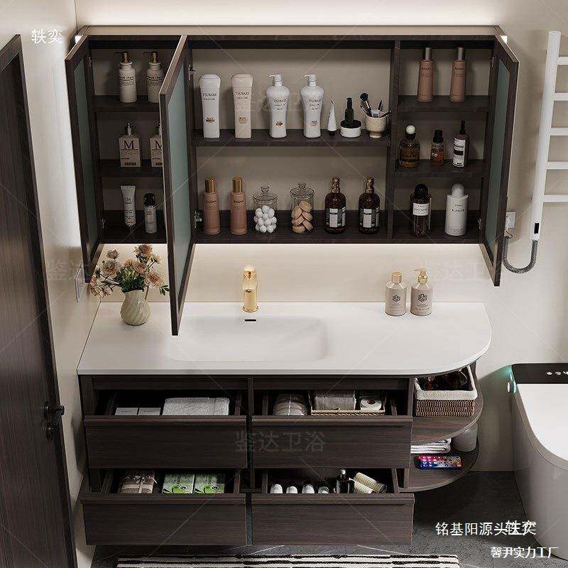 中古风岩板热弯一体盆浴室柜组合圆弧G开放格卫生间洗手脸盆柜组