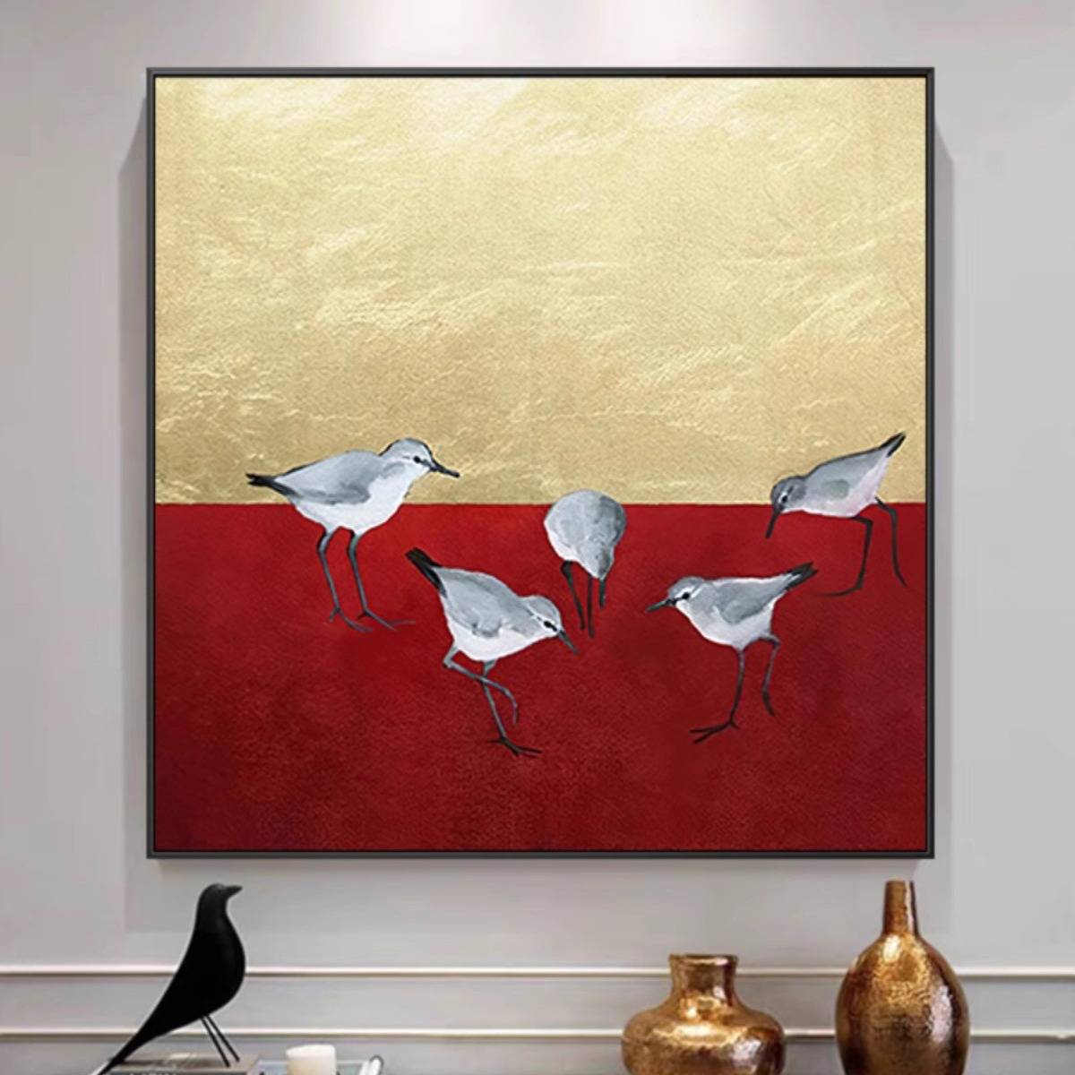 新中式禅意玄关装饰画极简抽象飞鸟茶室客厅壁画轻奢餐厅方形挂画