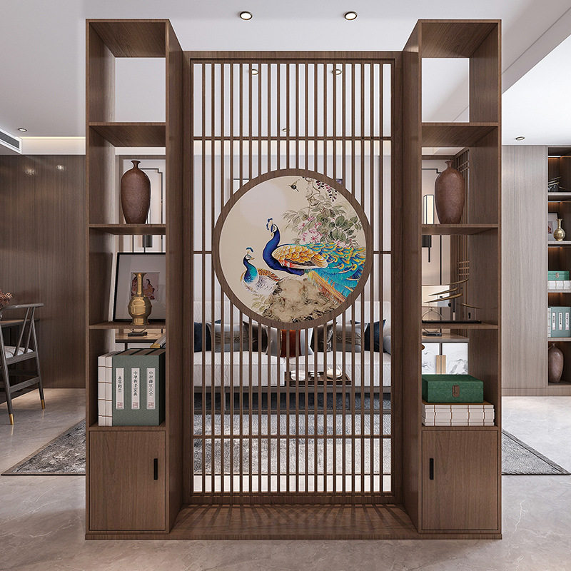 新中式办公室进门遮挡隔断柜子客厅实木沙画屏风餐厅入户玄关座屏