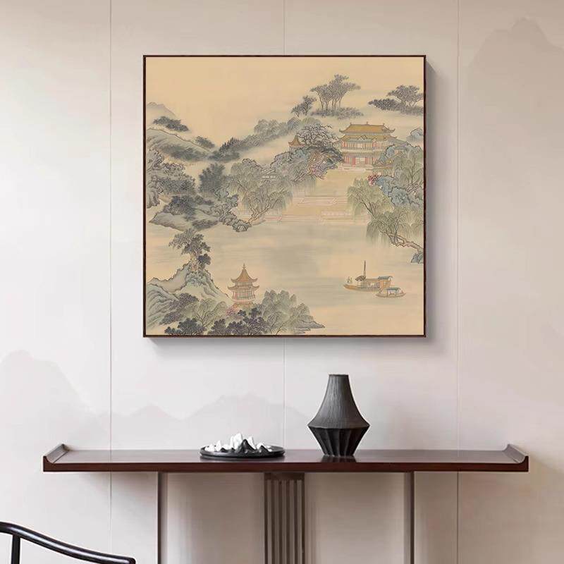 新中式客厅餐厅挂画山水风景别墅玄关卧室装饰画酒店民宿方型国画