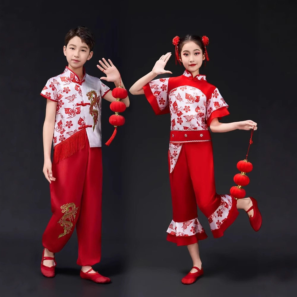 元旦新款儿童秧歌舞蹈演出服男女红色喜庆灯笼打鼓服开门红扇子舞