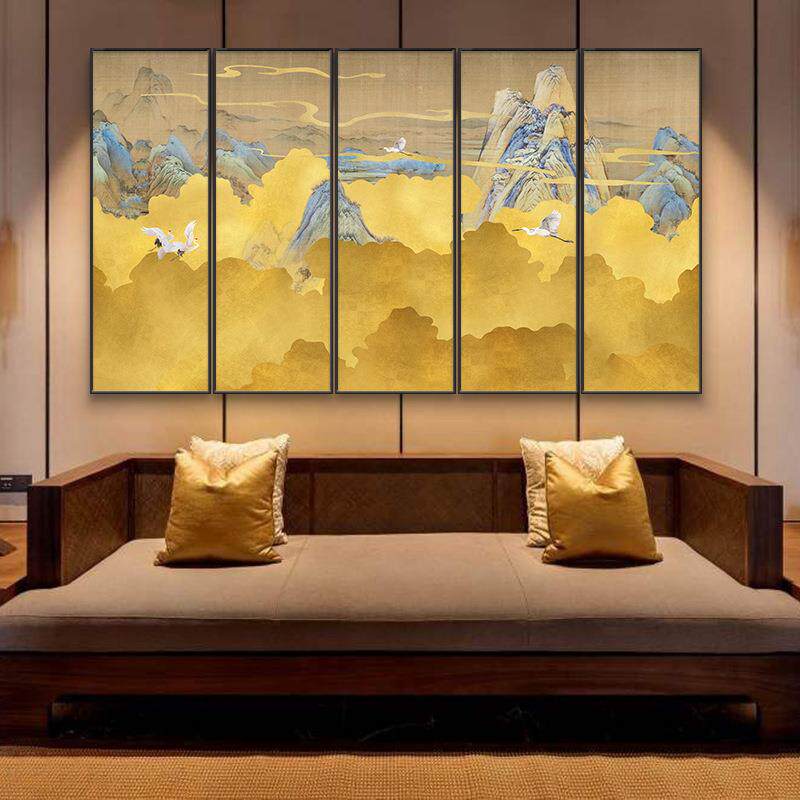 中式竖版装饰画抽象黄色意境风景画酒店大堂五联画茶室瑞鹤图挂画