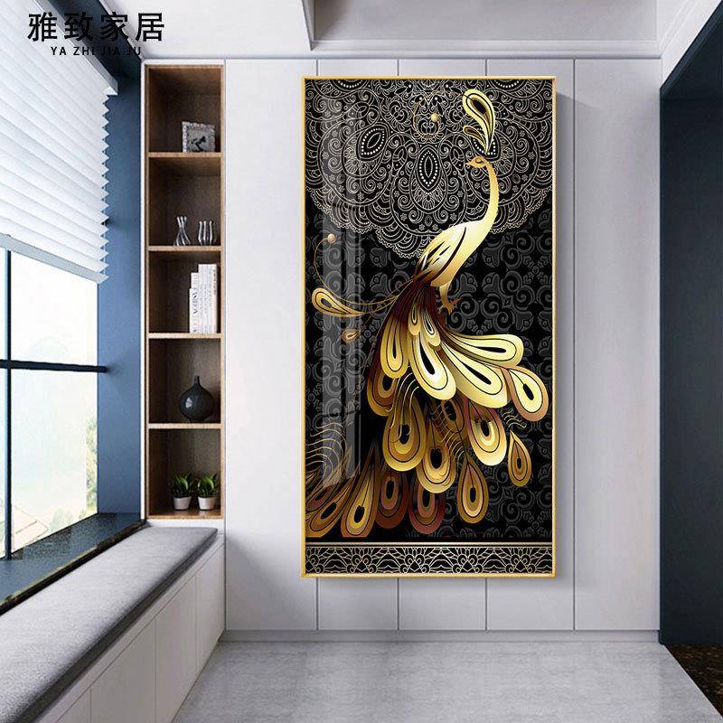 新中式入户轻奢画竖版玄关装饰画过道走廊玄幻画挂画壁画吉祥孔雀