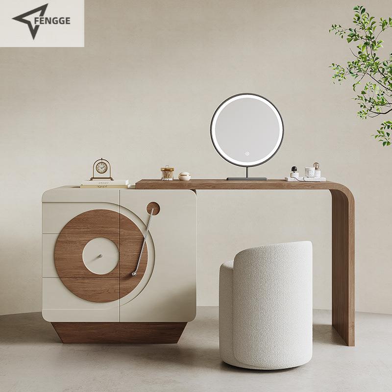 奶油风小型收纳化妆桌法式复古卧室床尾置物柜实木梳妆台斗柜一体