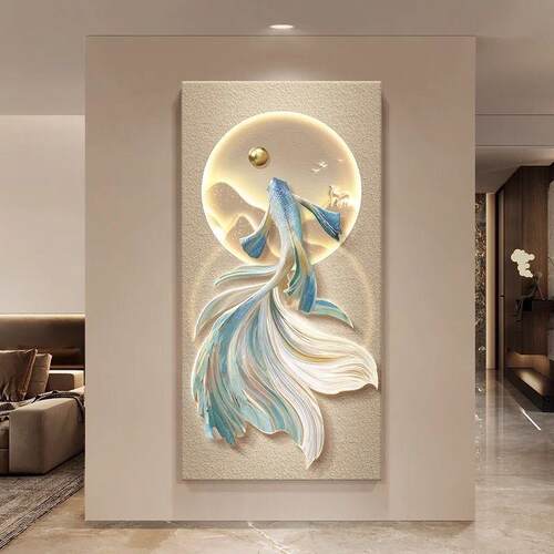 锦鲤玄关装饰画鱼图轻奢感入户画正对门旺运走廊过道壁挂画