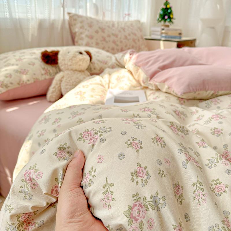 新a类层双纱四件套学生宿舍床单碎花tian-850田上园风被套款三件