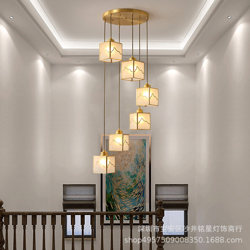 新中式全铜楼梯吊灯复式楼中国风客厅餐厅铜灯别墅创意旋转长吊灯