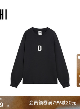 USHI悠时 日系宽松廓形上衣简约百搭圆领撞色刺绣小标卫衣男