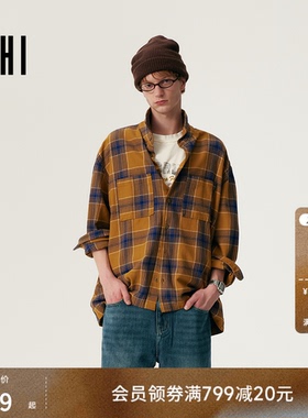 USHI悠时 复古格纹感层次叠穿美式水洗通勤休闲宽松长袖衬衫男