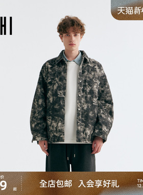 USHI悠时简约翻领潮酷印花街头时尚衬衫式羽绒服挺括休闲个性男装