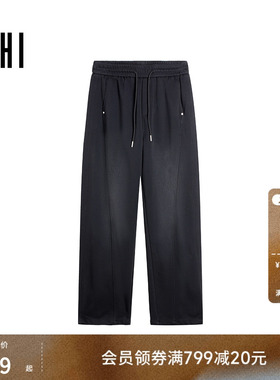 USHI悠时 男士黑色直筒休闲裤侧边拼接松紧腰长裤易搭运动卫裤男