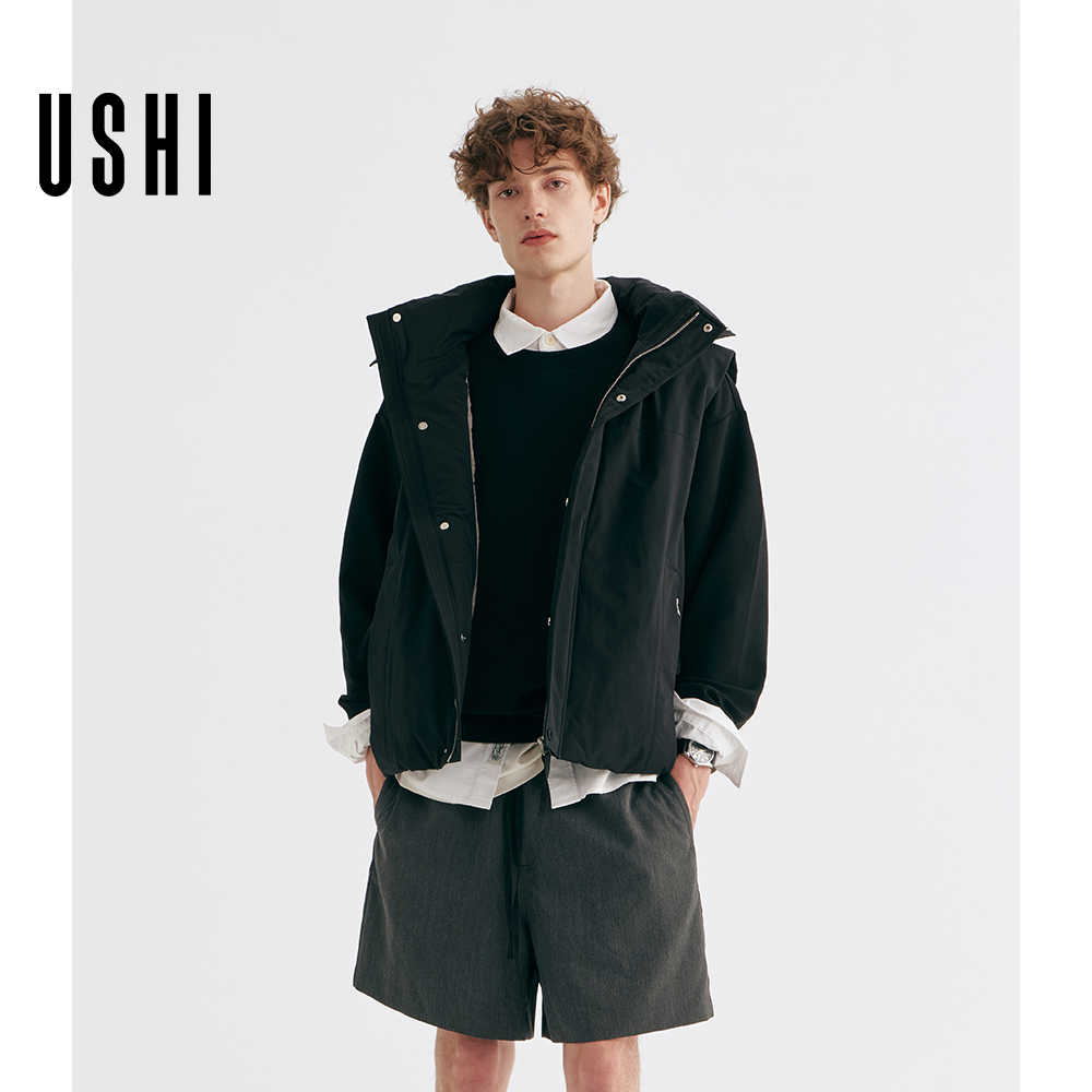 USHI悠时 时尚立领连帽拼接设计感纯色简洁羽绒马甲户外休闲男装